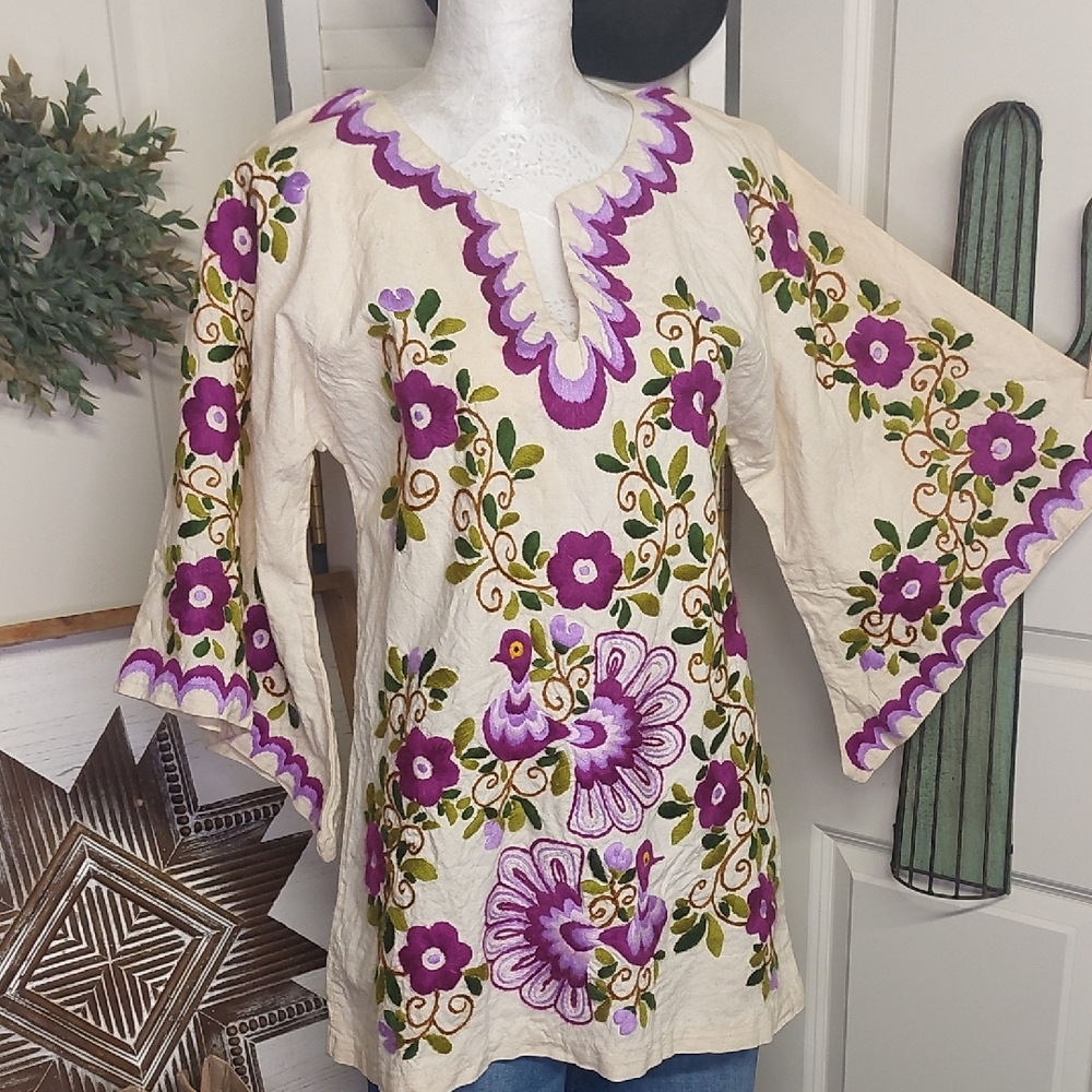 Vintage 70s Peacock Tunic, Purple, Angel Wing, Hippie, Boho - Picture 6 of 16